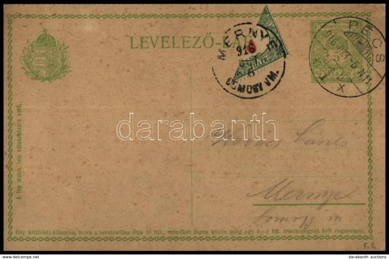 1916 Felezett 6f Portóbélyeg 5f Díjjegyes Levelezőlapon 'MERNYE SOMOGY VM.' Ritka!! - Altri & Non Classificati