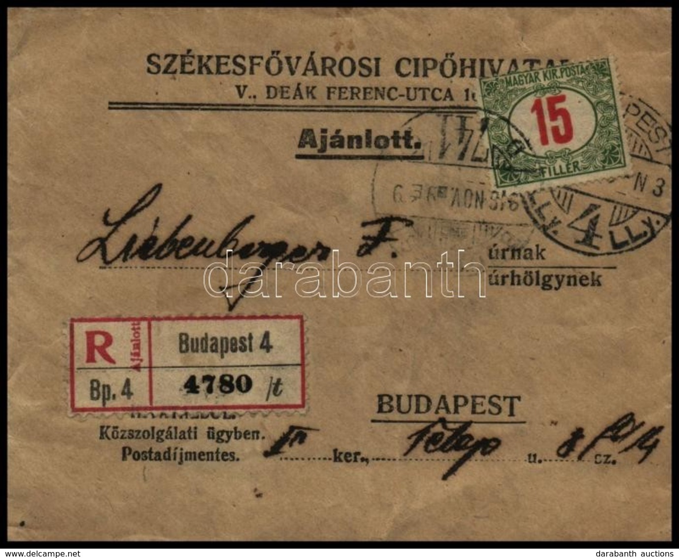 1916 Közszolgálati ügyben Postadíj Mentes Ajánlott Helyi Levél Ritka Pirosszámú 15f Portó Egyes Felhasználással! - Otros & Sin Clasificación