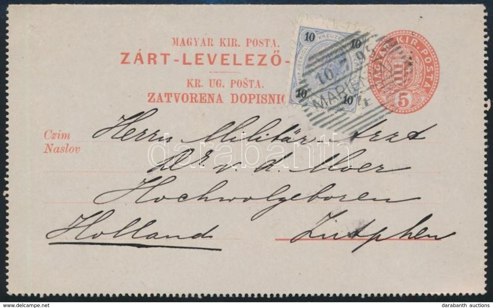 1895 Kétnyelvű 5kr Zárt Díjjegyes Levelezőlap + 10kr Osztrák Bélyeggel, Látványos ál Vegyes Bérmentesítés 'MARIENBAD' (A - Sonstige & Ohne Zuordnung