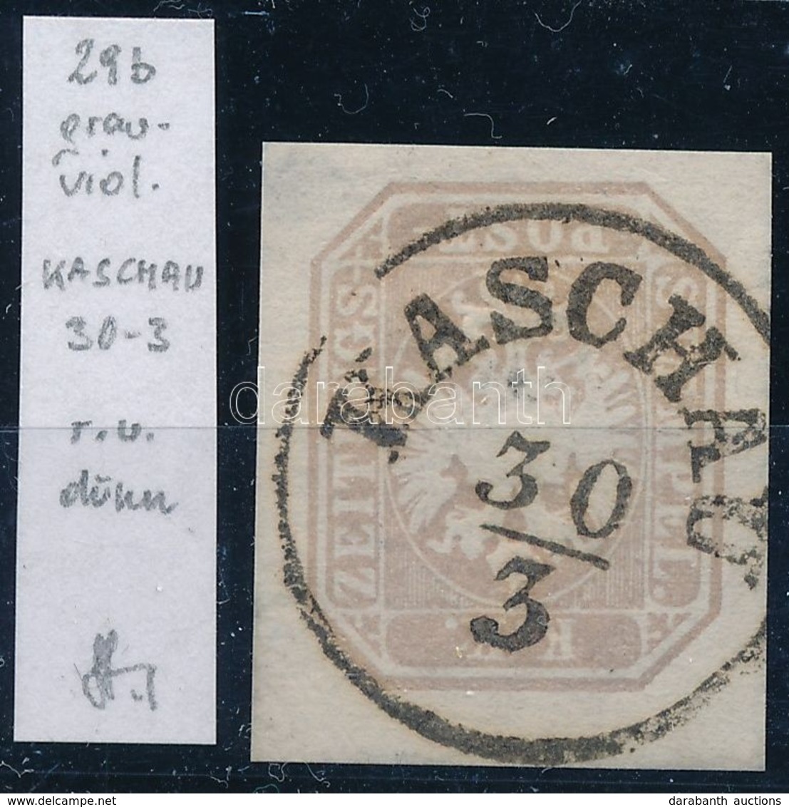 O 1863 Szürkésibolya Hírlapbélyeg 'KASCHAU' Strakosch Azonosítással (elvékonyodás / Thin Paper) - Sonstige & Ohne Zuordnung