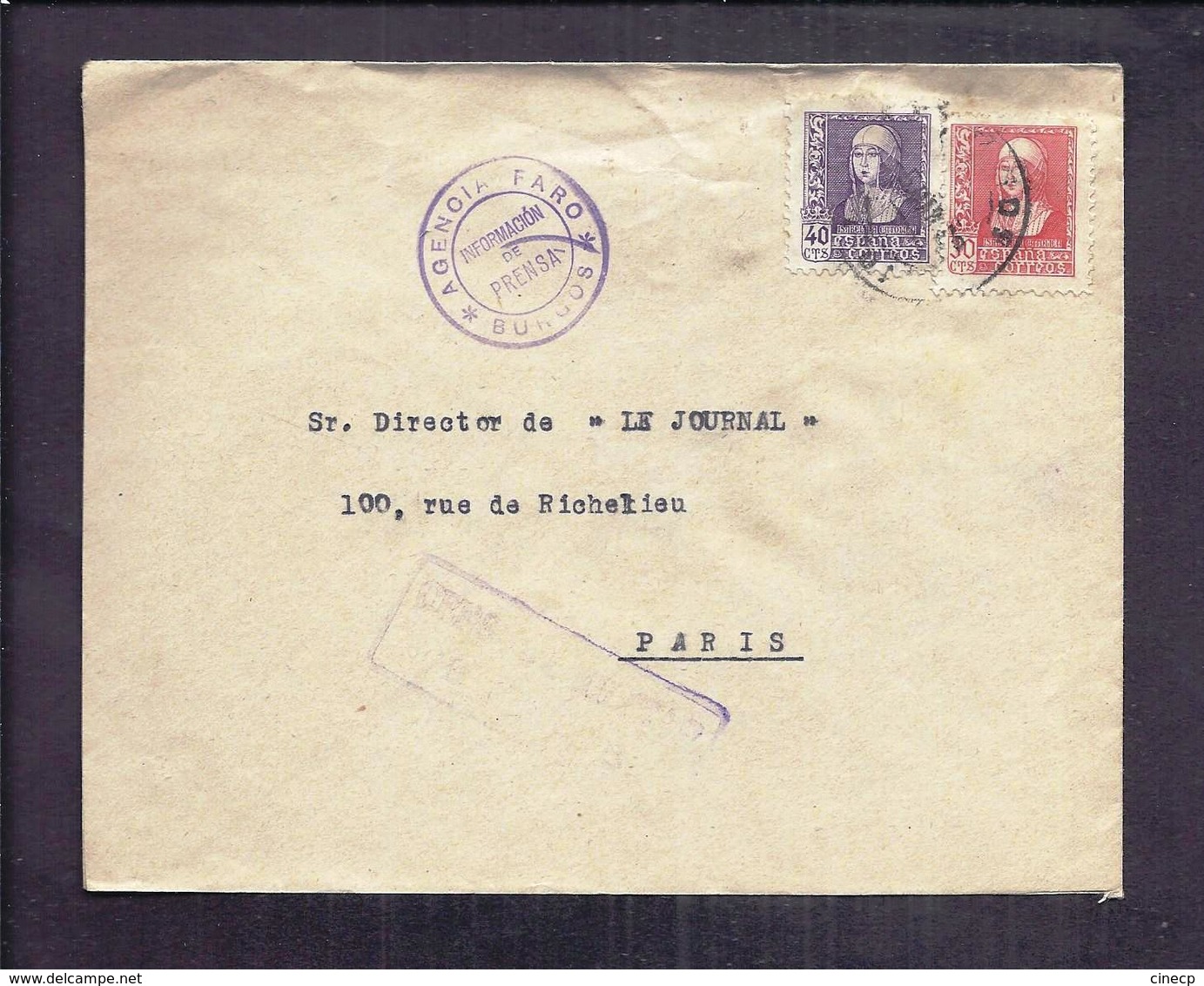 ENVELOPPE GUERRE ESPAGNE 1938 Cachet De Censure Agencia Faro Informacion De Prensa BURGOS - Marques De Censures Nationalistes