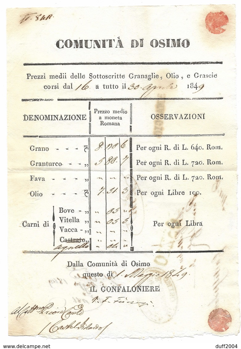 REPUBBLICA ROMANA - DA OSIMO A CASTELFIDARDO - 1.5.1849. - 1. ...-1850 Prefilatelia