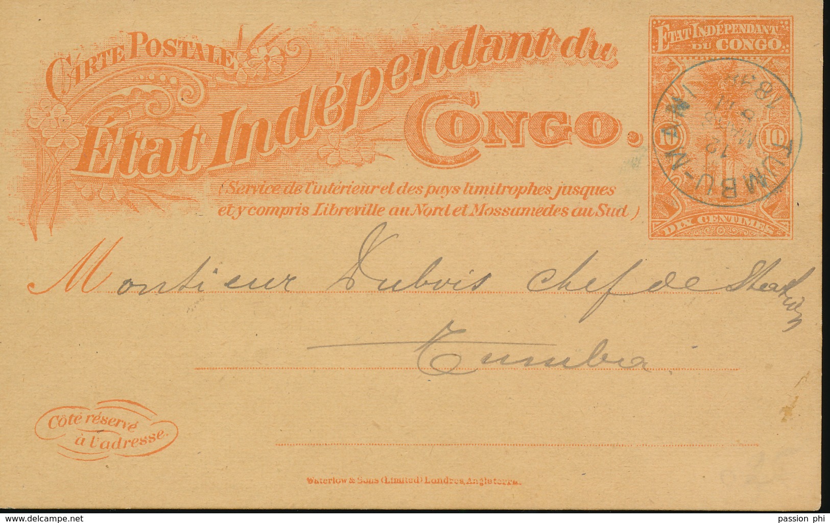 BELGIAN CONGO INLAND PS STIBBE 14 NICE CANCELLATION OF TUMBU MANI 12.03.1898 - Entiers Postaux