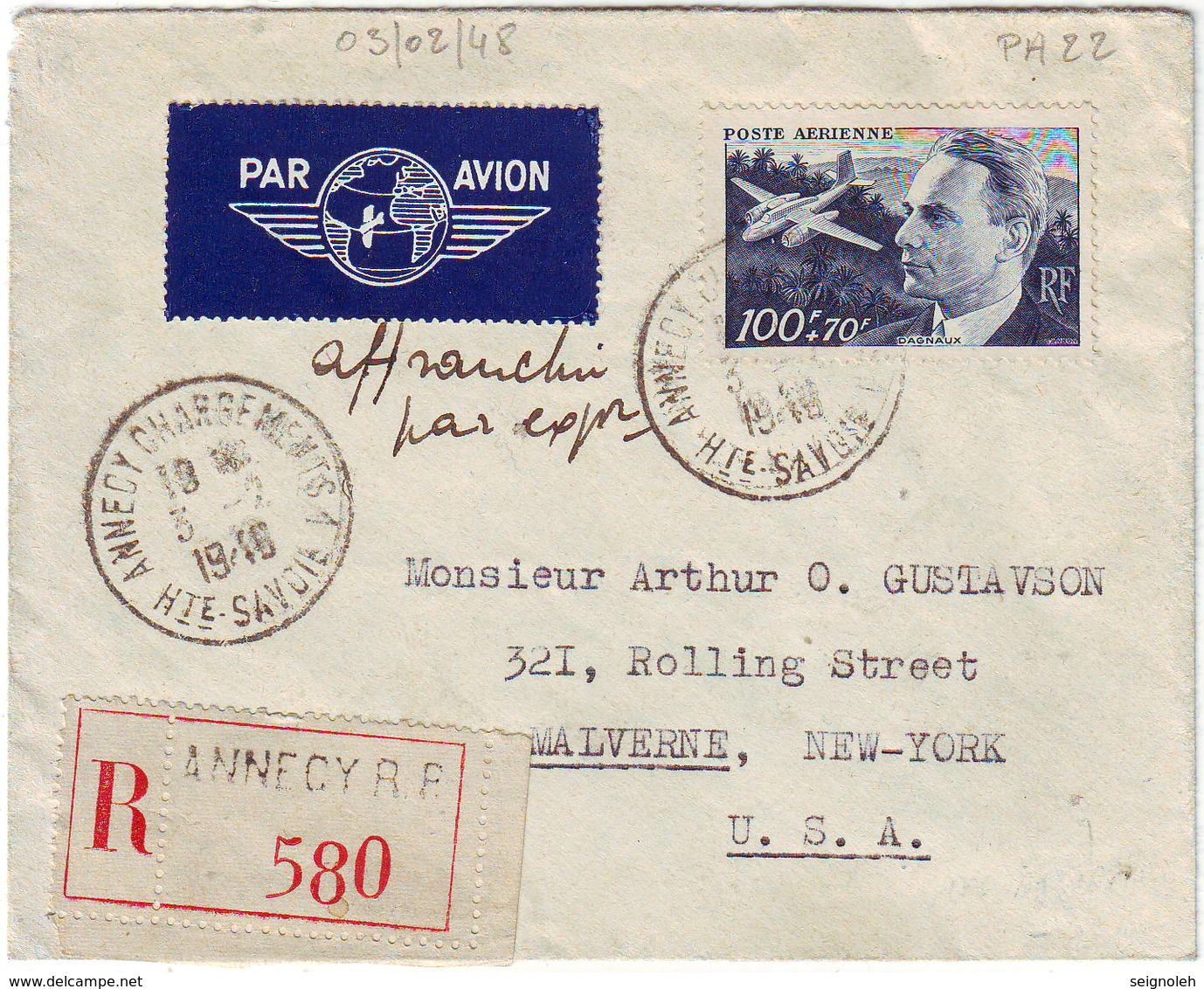 PA N° 22 Dagnaux SEUL Obl ANNECY Sur Lettre Recommandee AVION Pour Les USA - 1921-1960: Période Moderne