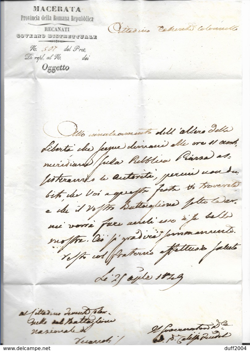 REPUBBLICA ROMANA - DA RECANATI PER CITTA' - 5.4.1849. - 1. ...-1850 Prefilatelia