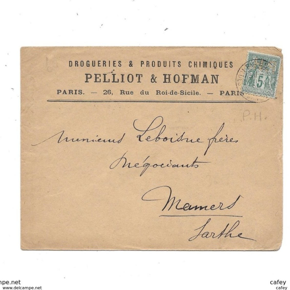 Lettre De PARIS 1898 Timbre Type Sage Perforé P.H Droguerie PELLIOT HOFMAN - Other & Unclassified