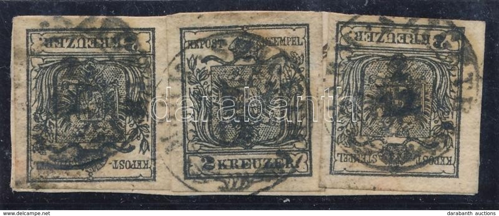 1850 3 X 2kr Kivágáson, HP III Fekete / On Cutting, HP III 
Black 'MARM. SZIGETH' Certificate: Zenker - Otros & Sin Clasificación