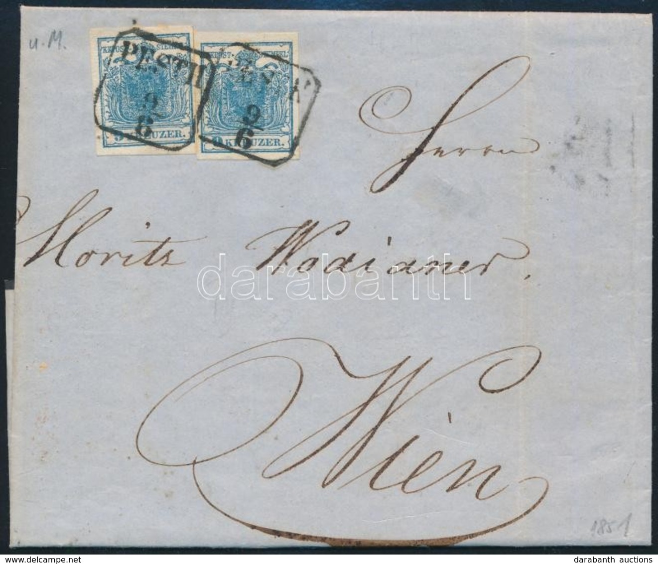 1851 2 X 9kr HP II Kiemelt Középrésszel, 2. Súlyfokozatú Levélen / Highlighted Middle Part, On Second Weight Class Cover - Otros & Sin Clasificación