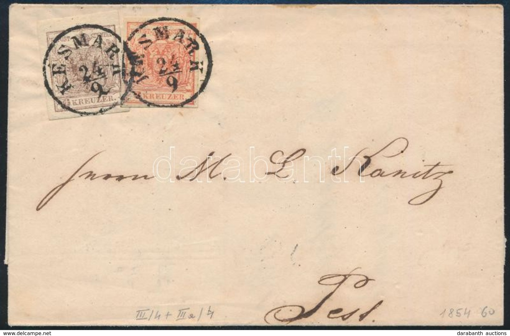 1854 3kr + 6kr ívszéli / Margin HP III Levélen / On Cover 'KÉSMARK' - Pest - Otros & Sin Clasificación