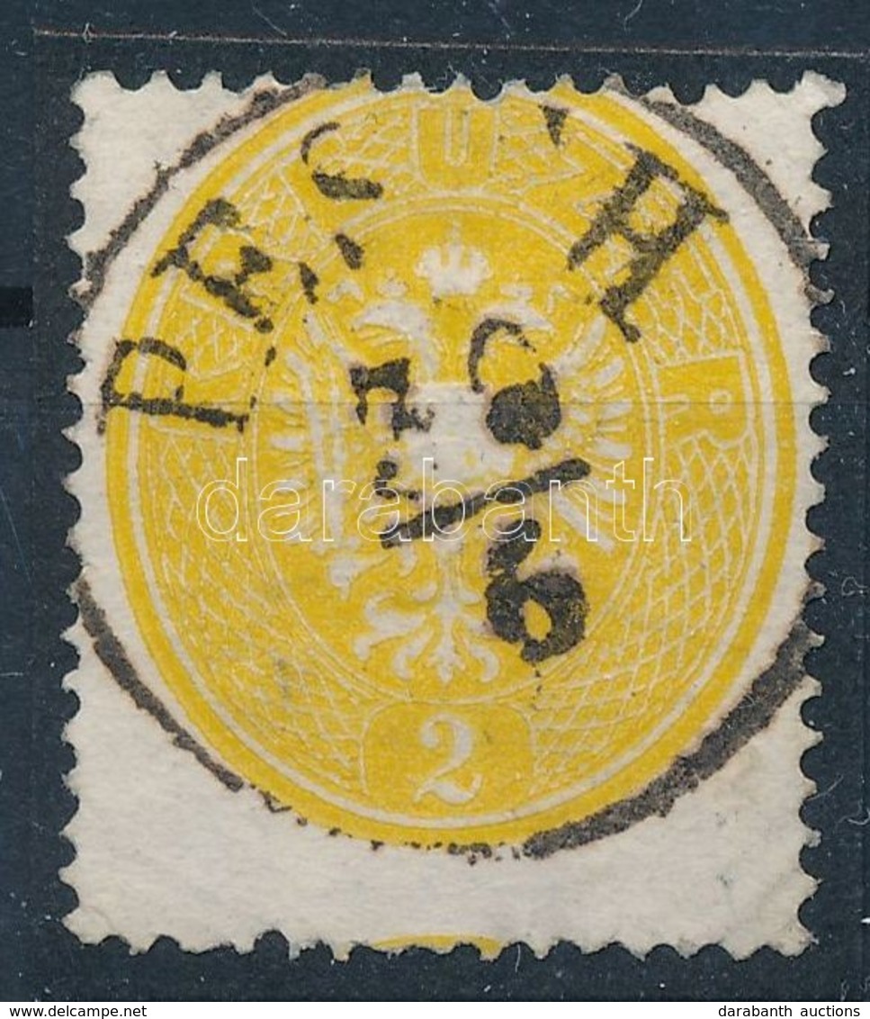 O 1863 2kr Sárga Túlfestékezett Nyomat, Elfogazva / Overinked Yellow Print, With Shifted Perforation 'PESTH' - Otros & Sin Clasificación