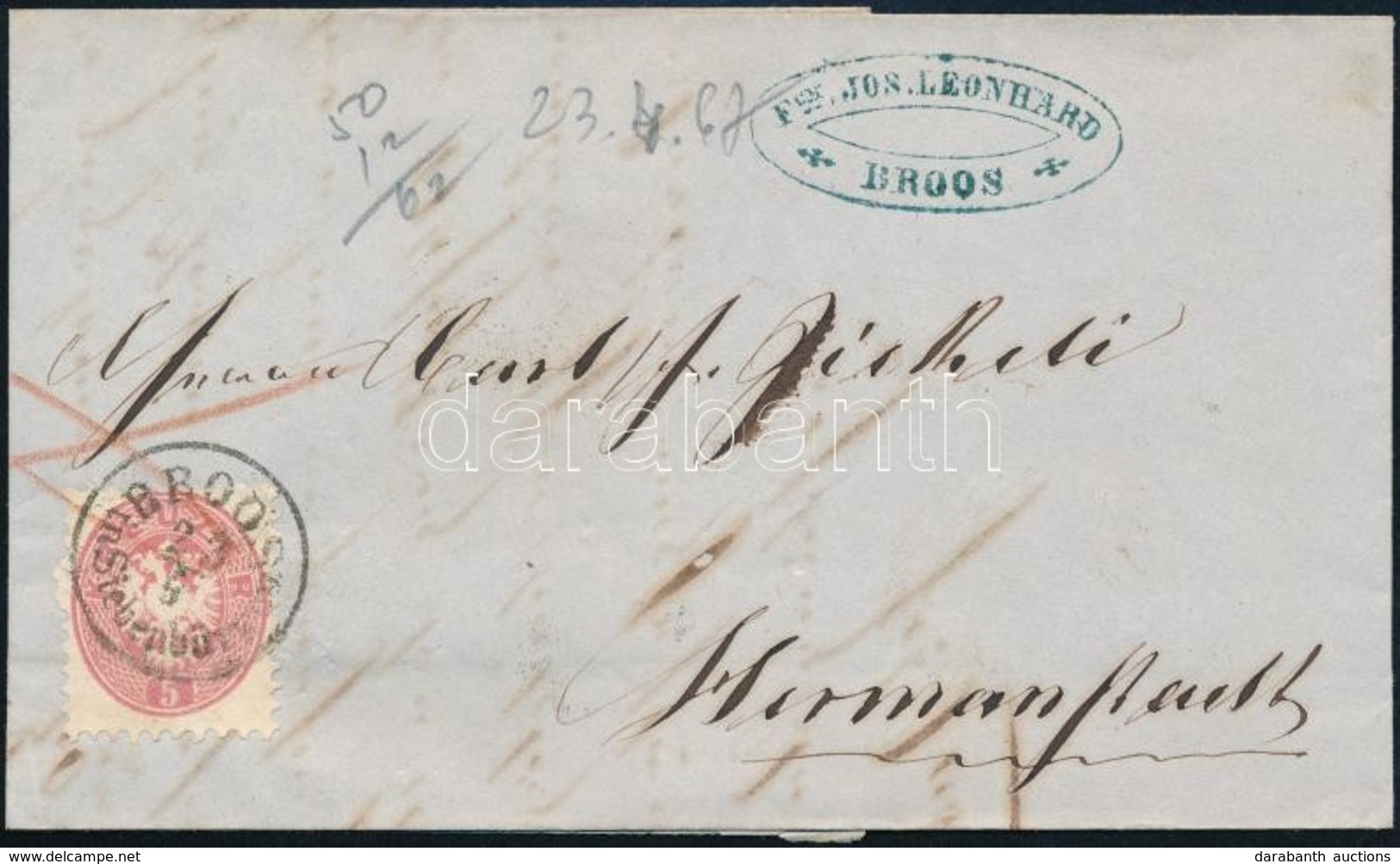 1867 5kr Levélen / On Cover 'BROOS / In Siebenbürgen' - Hermannstadt - Otros & Sin Clasificación