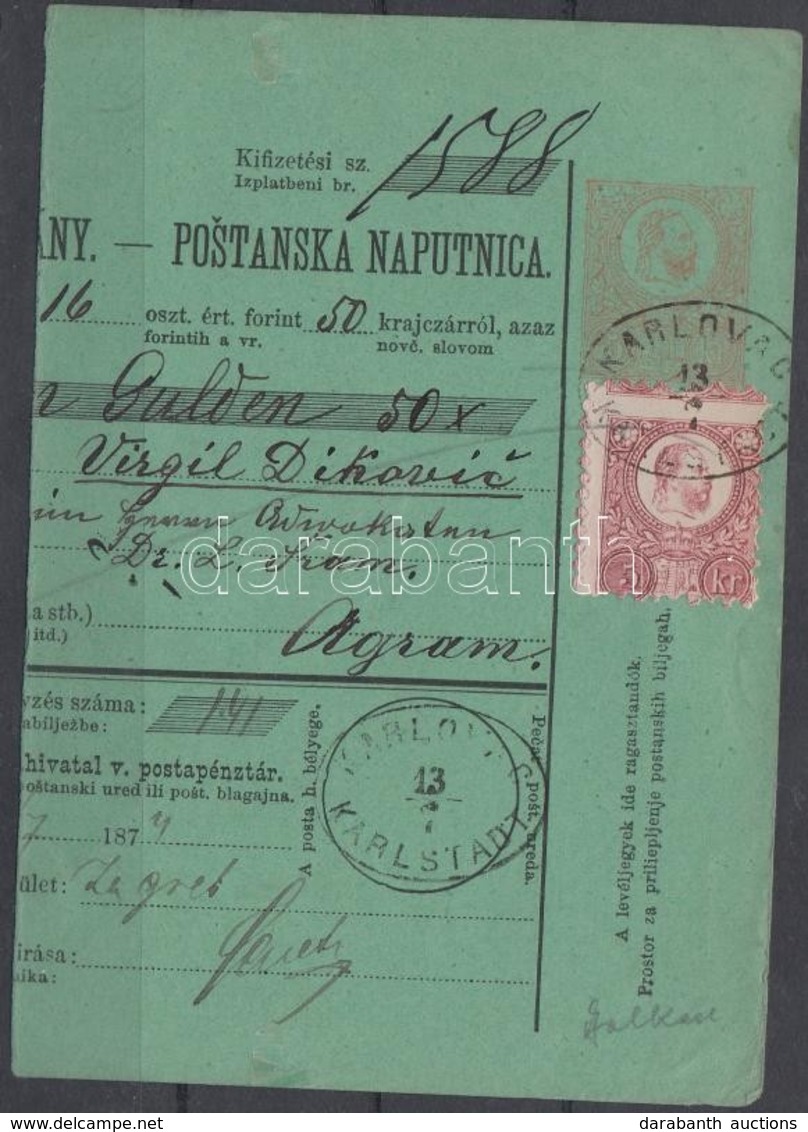 1874 Réznyomat 5kr Díjjegyes Pénzutalvány Darabon / On PS-money Order Piece 'KARLOVAC KARLSTADT' - Otros & Sin Clasificación
