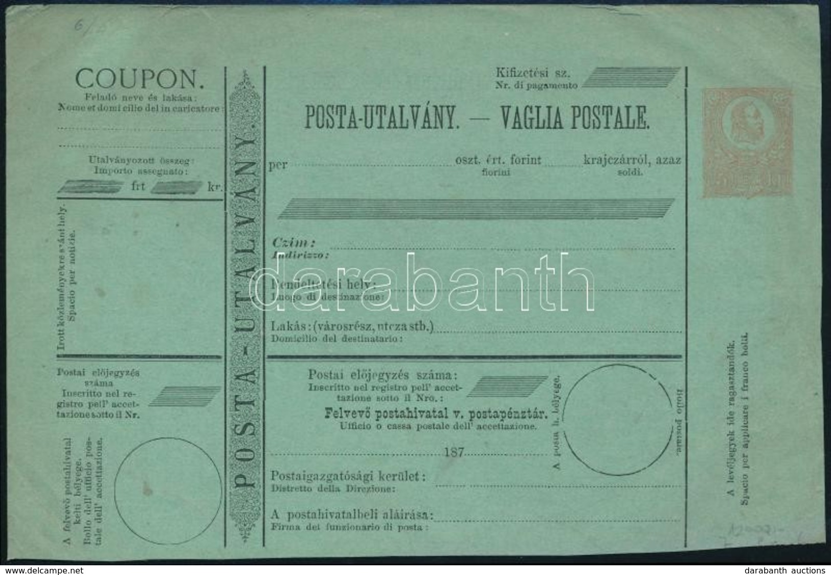 1871 Használatlan 5kr Postautalvány Magyar-olasz Nyelven, RR! - Otros & Sin Clasificación