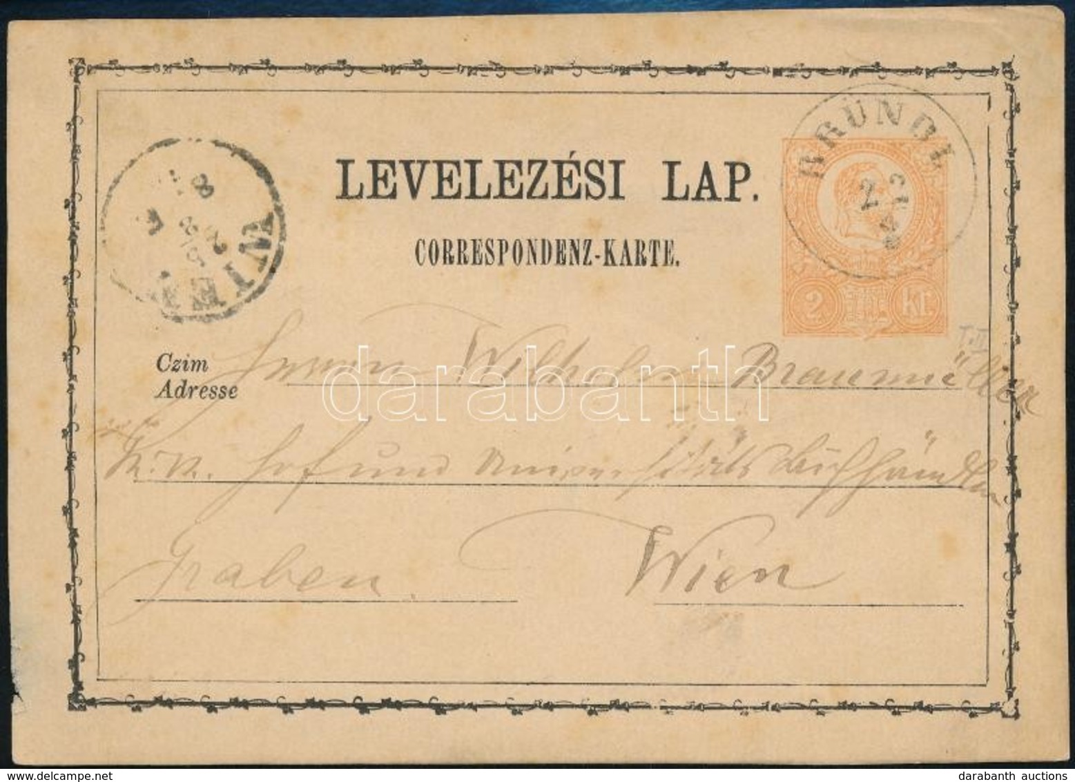 1874 2kr Díjjegyes Levelezőlap / PS-card 'BRÜNDL' (Gudlin 500 P) - 'WIEN' - Sonstige & Ohne Zuordnung