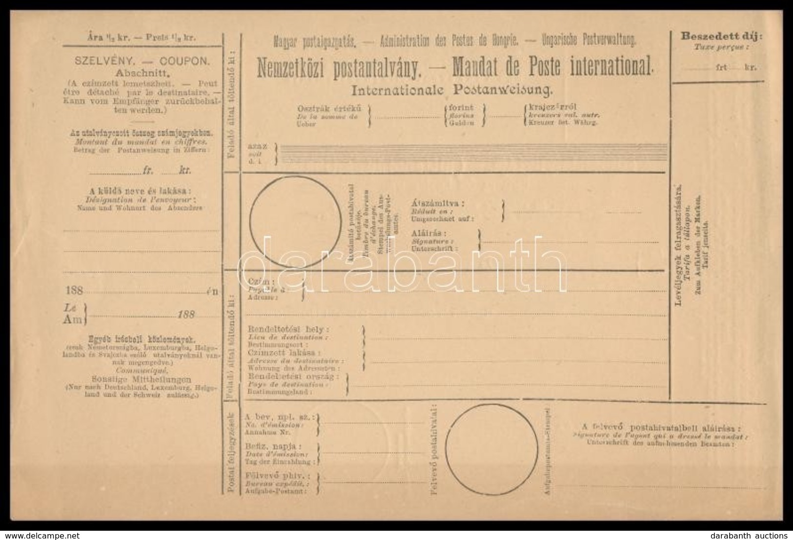 ~1880 Használatlan Nemzetközi Postautalvány Magyar-francia Nyelvű - Sonstige & Ohne Zuordnung