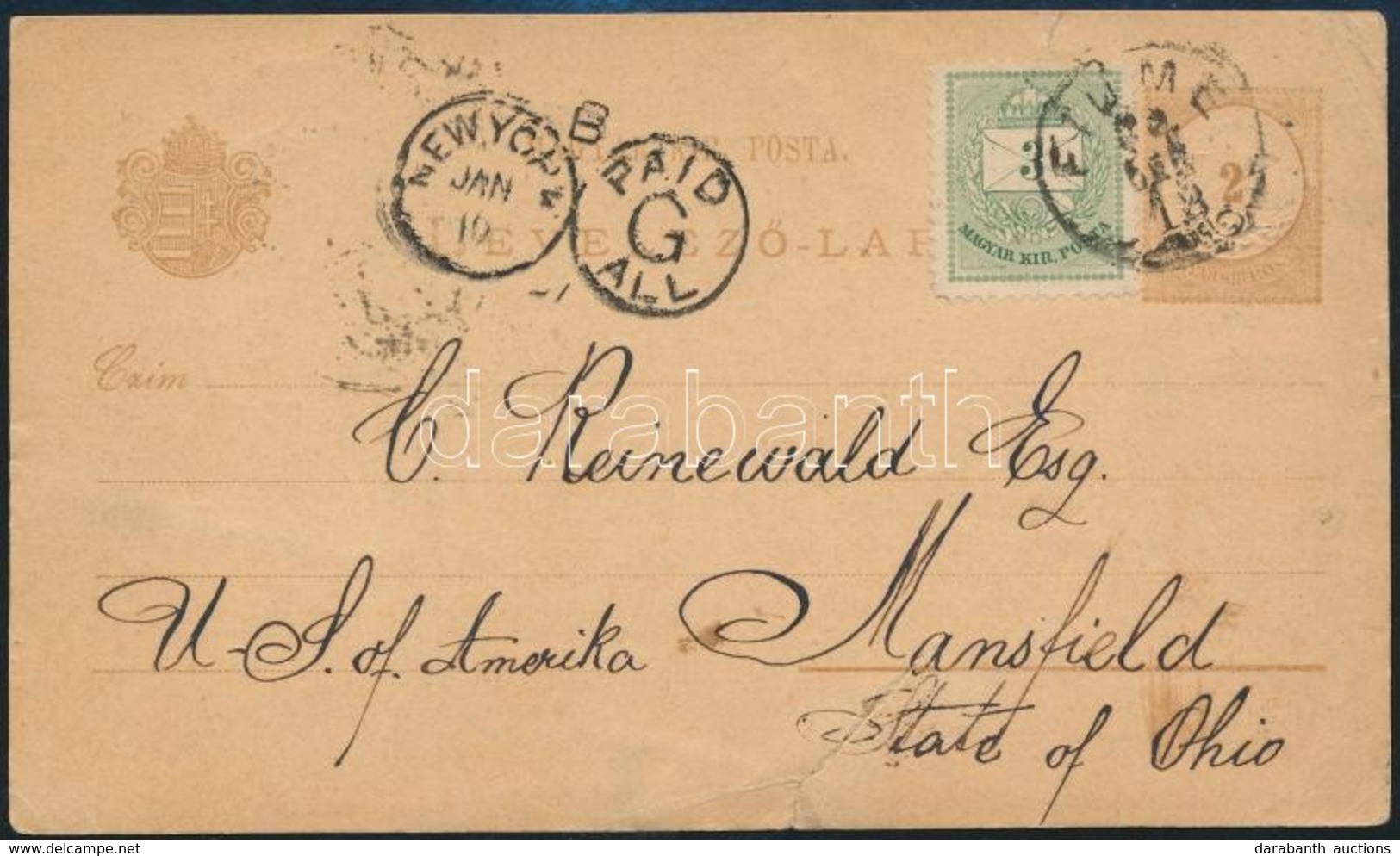 1886 2kr Díjjegyes Levelezőlap 3kr Kiegészítéssel Az Egyesült Államokba, érkezési Bélyegzéssel / 2kr PS-card With 3kr Ad - Otros & Sin Clasificación