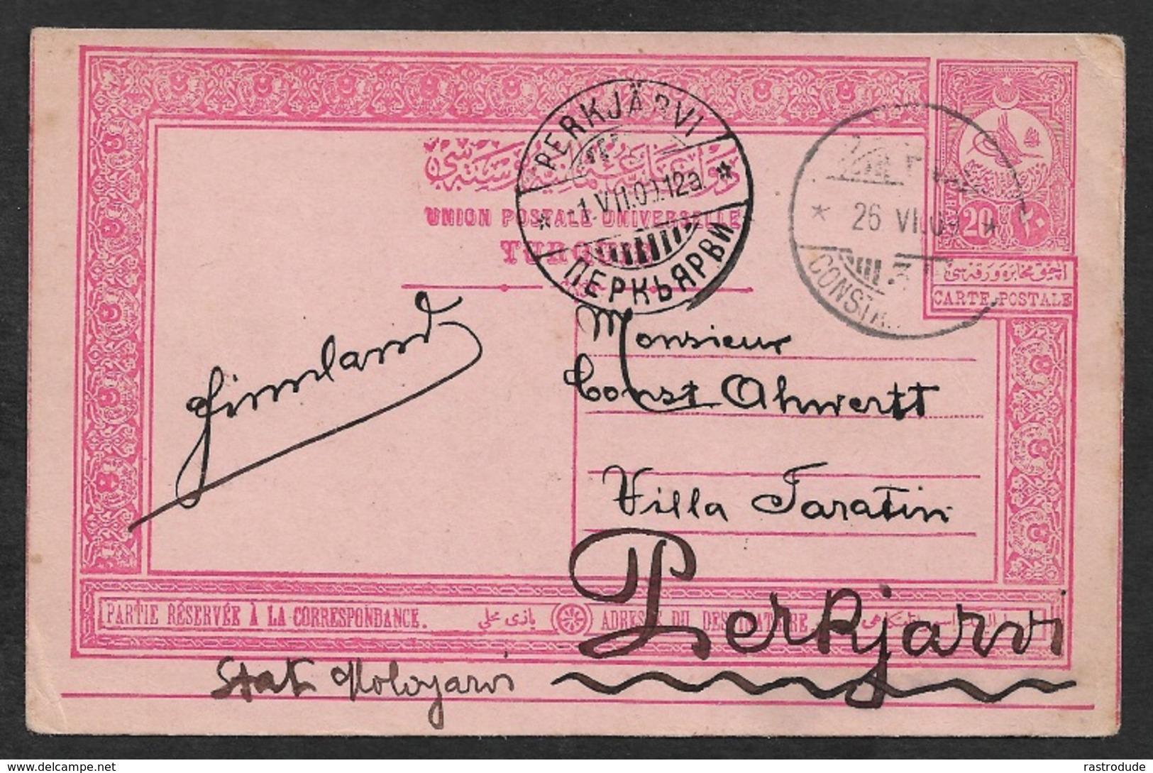 1909 TURKEY 20P PSC CONSTANTINOPLE TO PERKJÄRVI (KIRILLOVSKOYE) FINLAND - VERY SCARCE DESTINATION - Brieven En Documenten