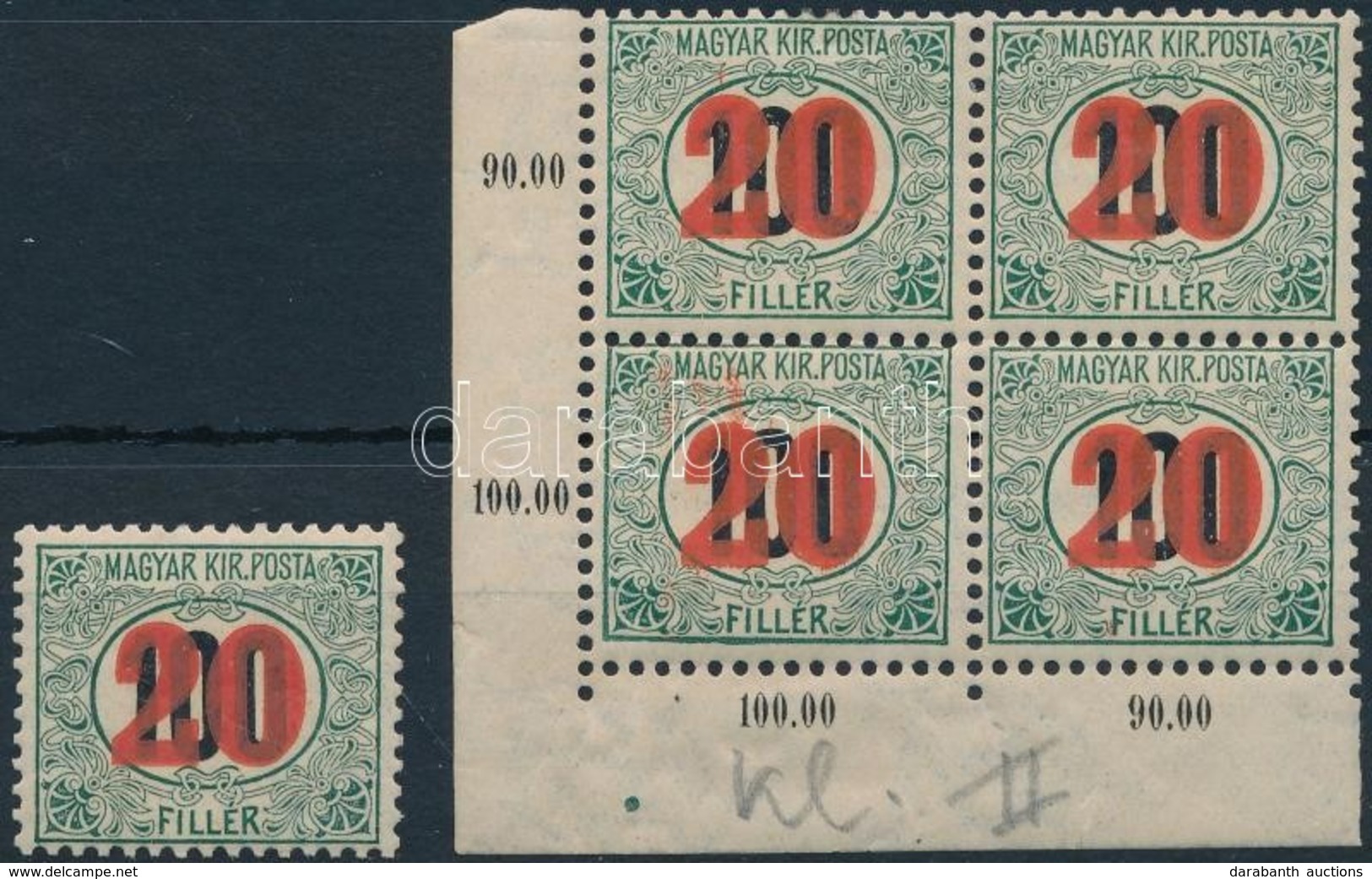 ** 1915 Kisegítő Portó, Felülnyomás Az 1905-ös 100f Portóbélyegen: 1 Db Bélyeg + ívsarki Négyestömb Elkenődött Felülnyom - Sonstige & Ohne Zuordnung