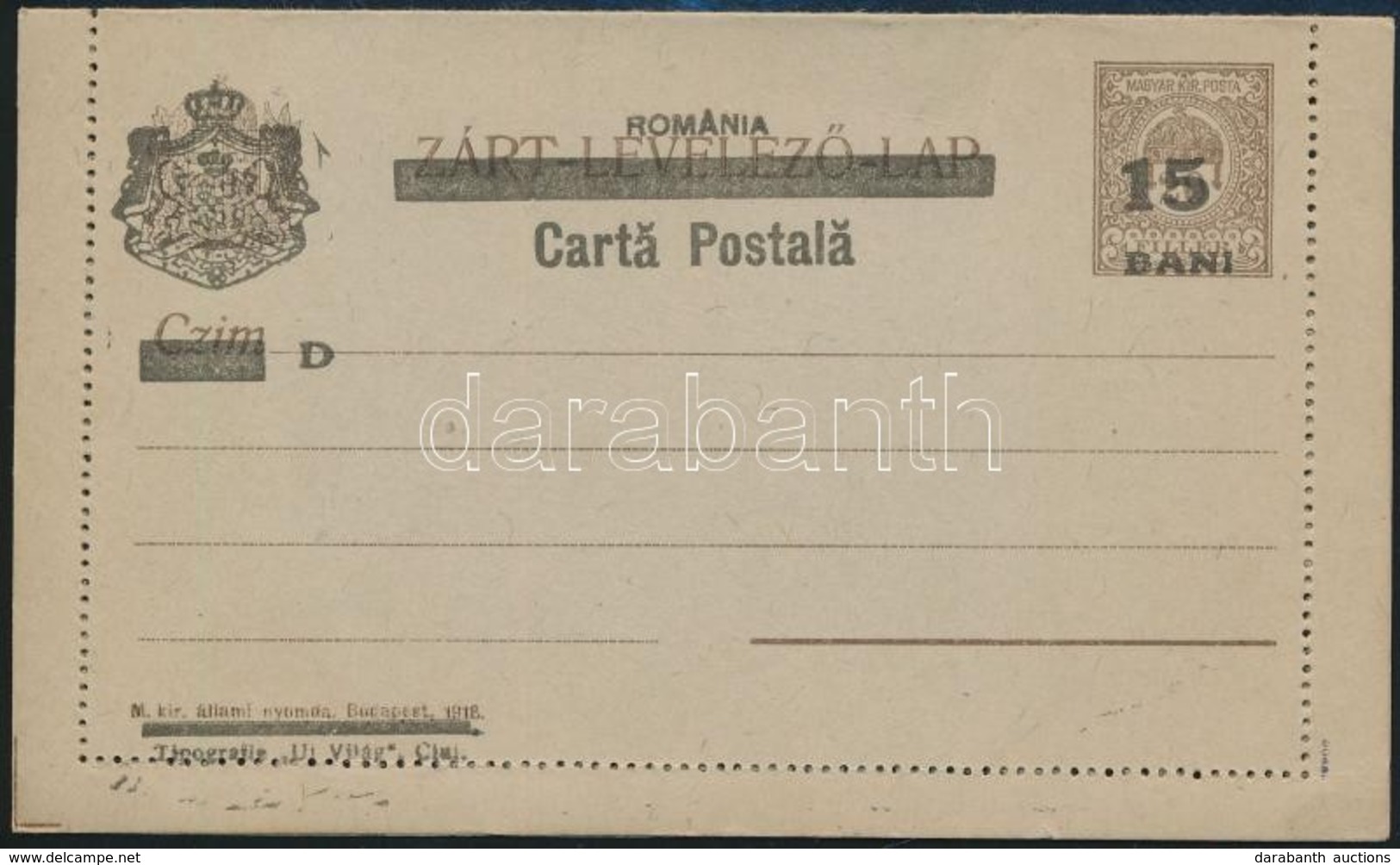 1919 Kolozsvár Zárt Levelezőlap Bodor Vizsgálójellel, Használatlan (6.000) - Sonstige & Ohne Zuordnung