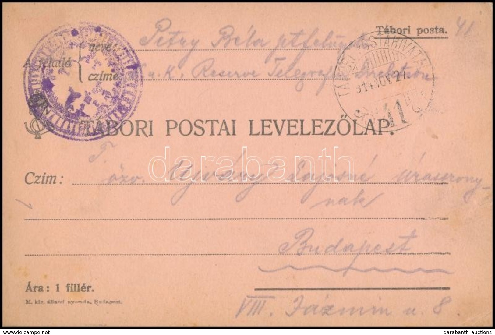 1914 Tábori Posta Levelezőlap Negatív Alakulat Cenzúra Bélyegzéssel + 'TP 41' - Otros & Sin Clasificación