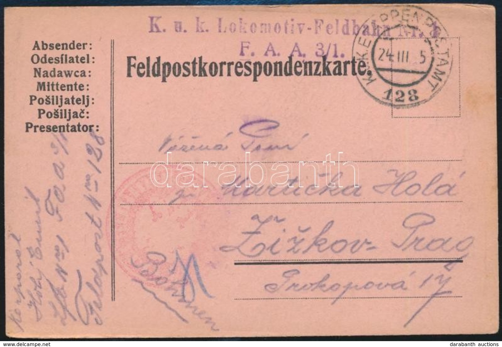 1915 Tábori Posta Levelezőlap / Field Postcard, Piros Negatív Vasúti Alakulat Bélyegzéssel, 'K.u.k. Lokomotiv-Feldbahn N - Otros & Sin Clasificación