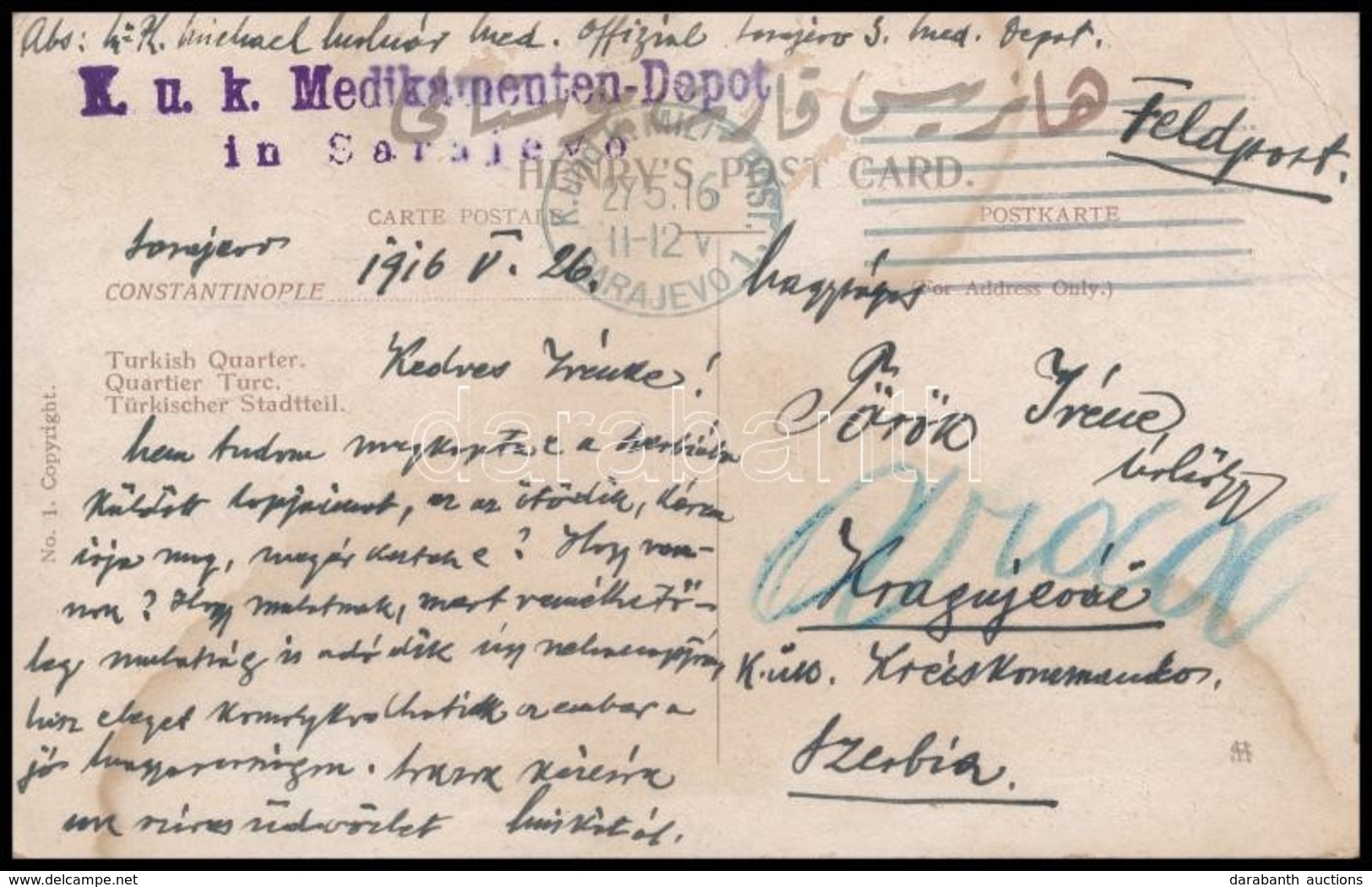 1916 Tábori Posta Képeslap 'K.u.k. Medikamenten-Depot In Sarajevo' - Otros & Sin Clasificación