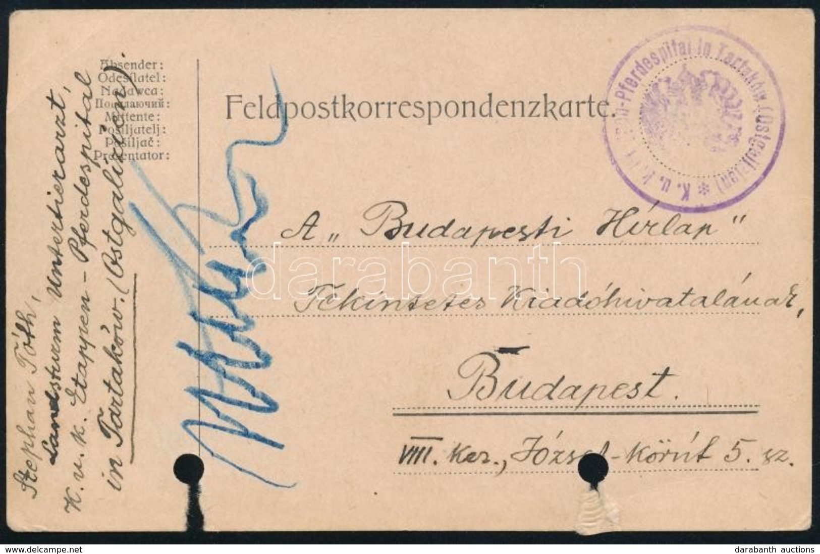 1916 Tábori Posta Levelezőlap / Field Postcard 'K.u.K. Etappen-Pferdespital In Tartaków (Ostgalizien)' - Otros & Sin Clasificación