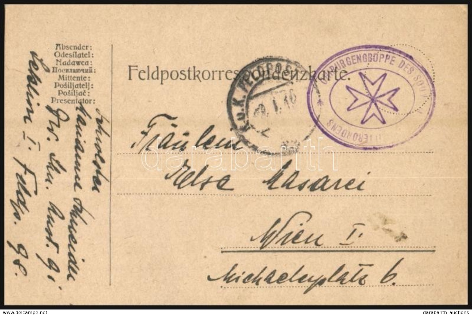 1916 Tábori Posta Levelezőlap Szép Cenzúrabélyegzéssel, Sebész Csoportból Küldve / Field Postcard - Otros & Sin Clasificación