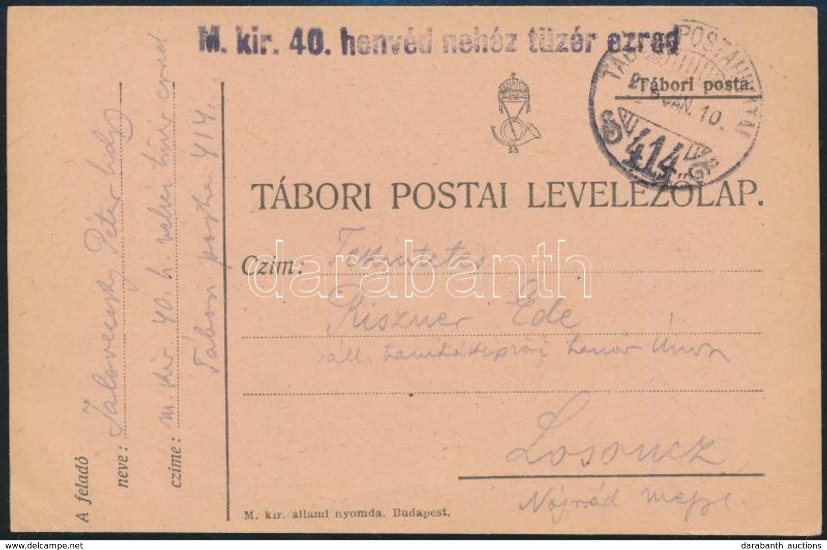 1918 Tábori Posta Levelezőlap / Field Postcard 'M.kir.40. Honvéd Tüzér Ezred' + 'TP 414' - Otros & Sin Clasificación