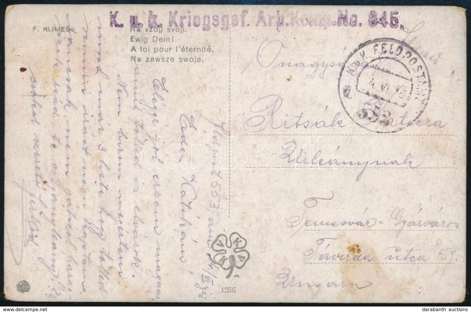 1918 Tábori Képeslap / Field Postcard 'FP 553 A' , 'K.u.K. Kriegsgef. Arb. Komp, No. 845.' - Otros & Sin Clasificación