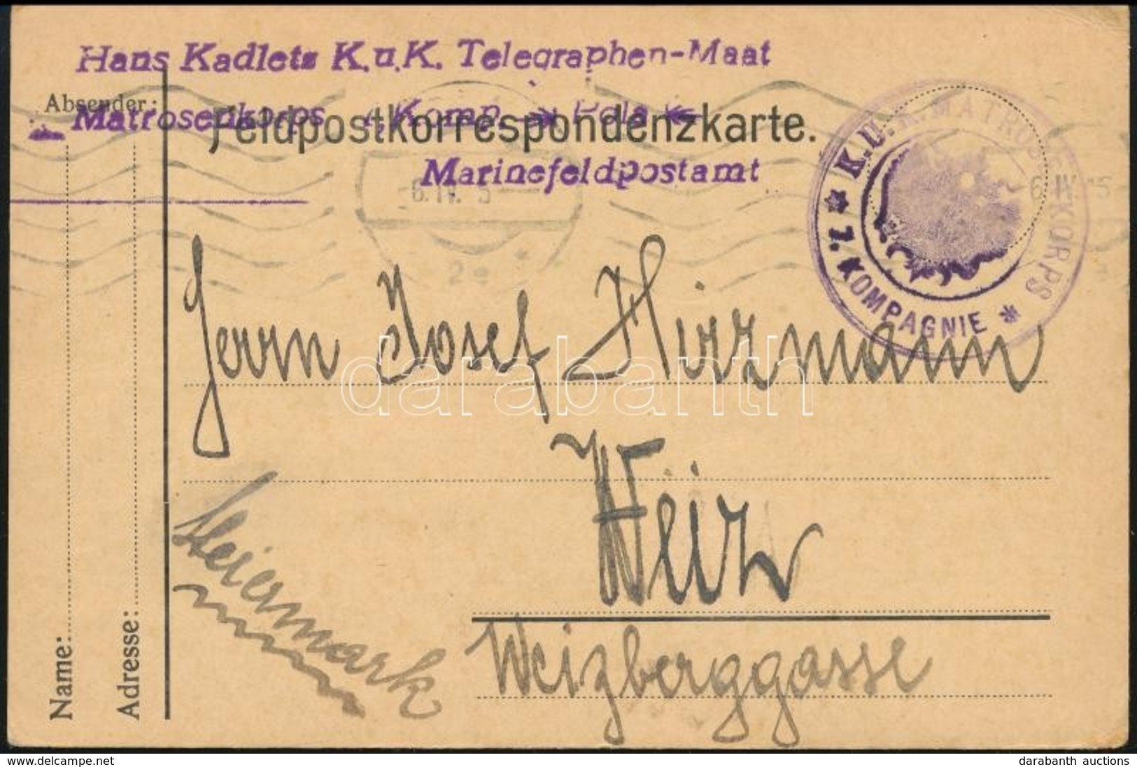 1915 Levelezőlap 'K.U.K. MATROSENKORPS 7. KOMPAGNIE' - Otros & Sin Clasificación