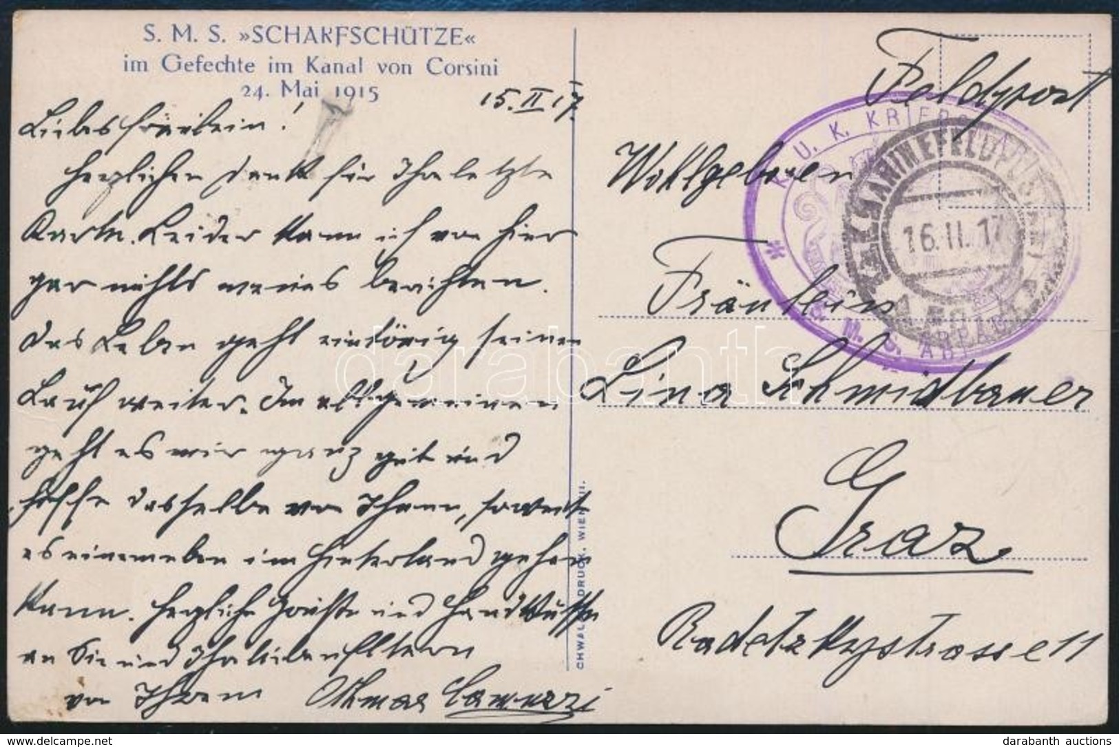 1917 Képeslap Haditengerészeti Postával / Postcard 'K.U.K. KRIEGSMARINE S.M.S. ÁRPÁD' - Other & Unclassified