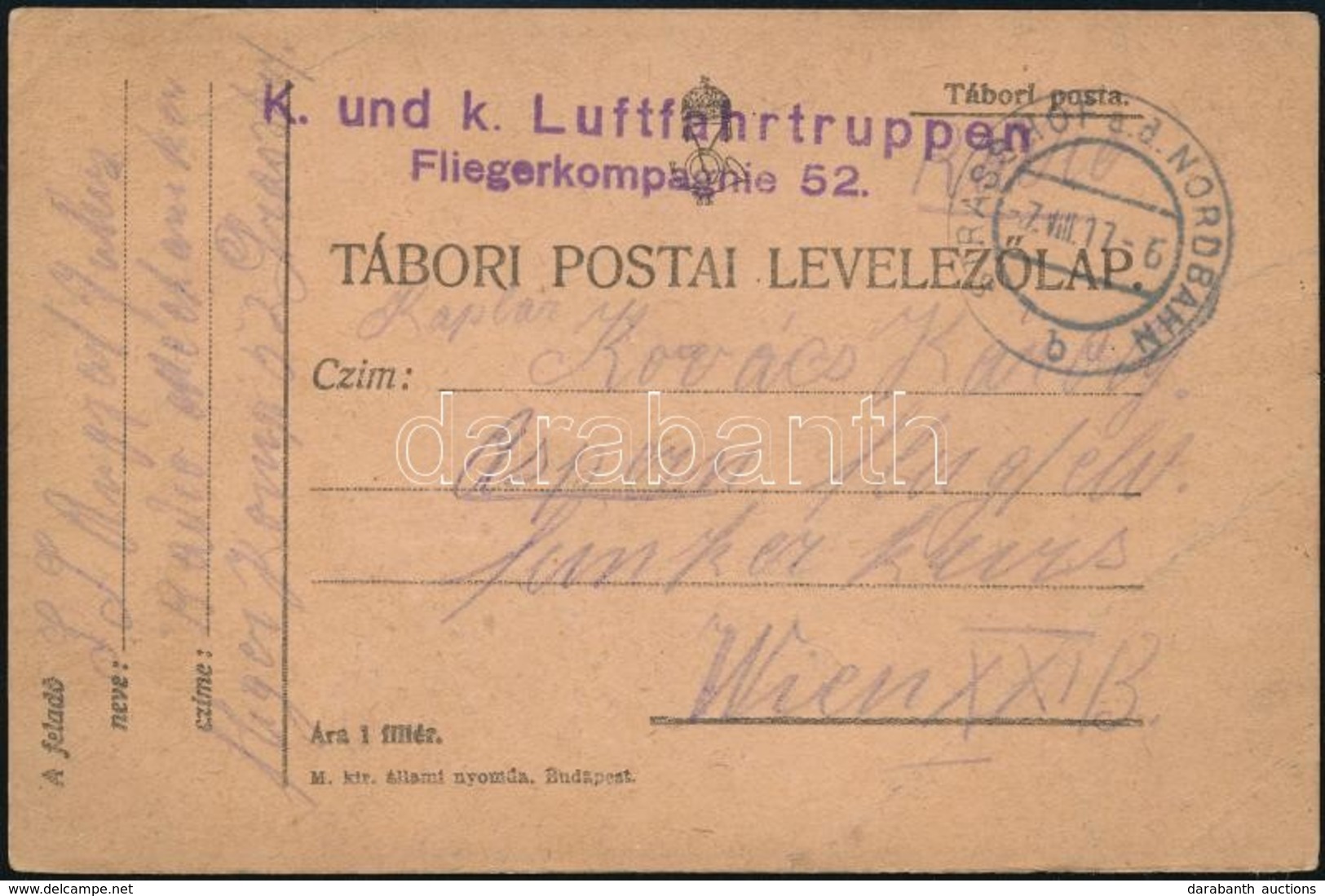 1917 Tábori Posta Levelezőlap 'K.u.k. Luftfahrtruppen Fliegerkompagnie 52.' - Otros & Sin Clasificación