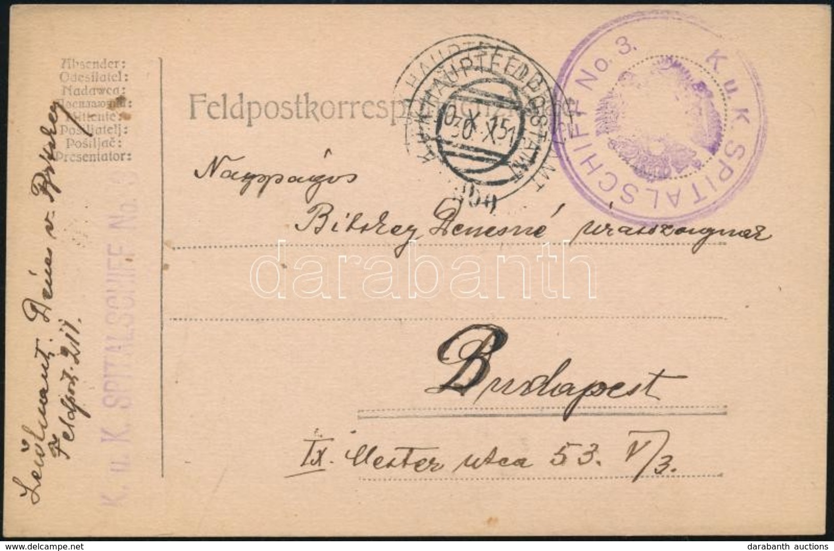 1915 Tábori Posta Levelezőlap 'K.u.k. SPITALSCHIFF No.3.' + 'HP 300' - Sonstige & Ohne Zuordnung
