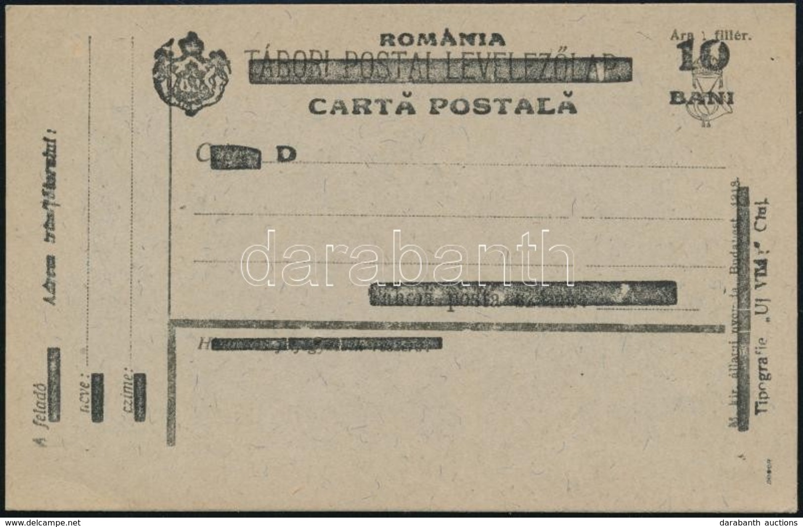 1919 Felülnyomott Levelezőlap Bodor Vizsgálójellel, Használatlan (4.000) - Otros & Sin Clasificación