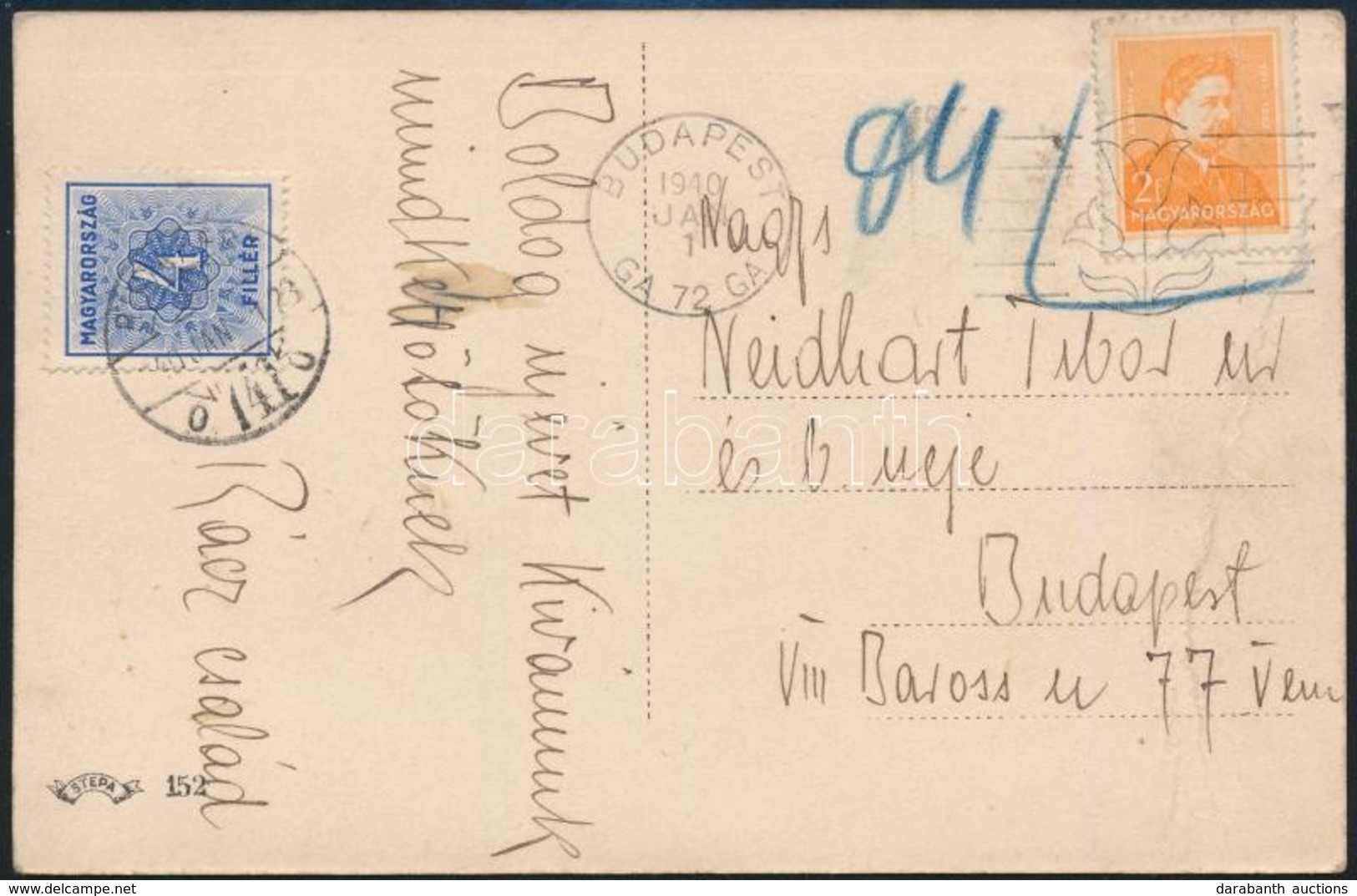 1940.01.01. Már érvénytelen Bélyeggel Bérmentesített újévi Képeslap 4f Portóval / Postcard With Invalid Stamps, With Pos - Otros & Sin Clasificación