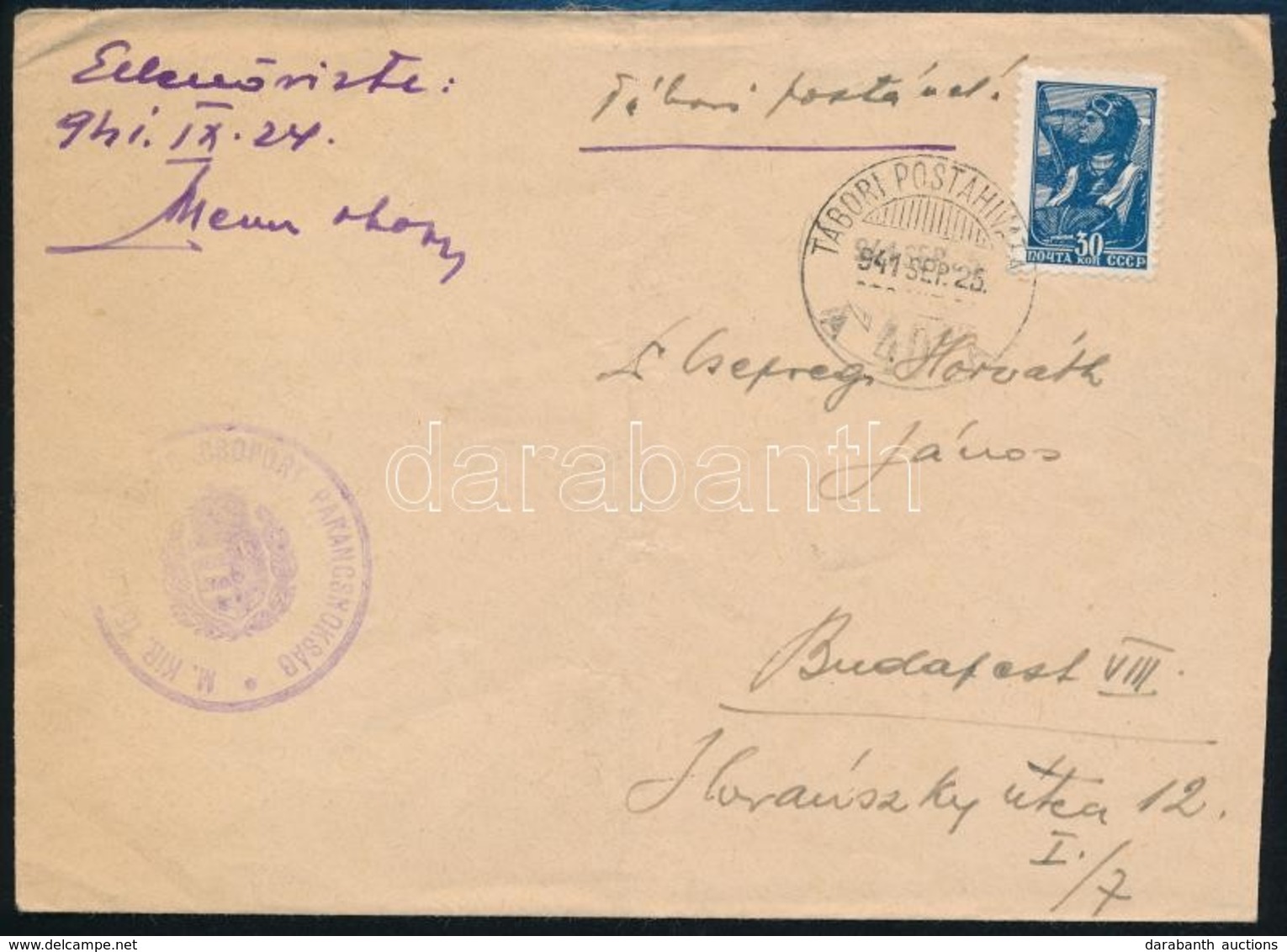 1941 Tábori Posta Boríték Szovjet Bélyeggel és Alakulatbélyegzéssel / Field Post Cover With Soviet Stamp - Otros & Sin Clasificación