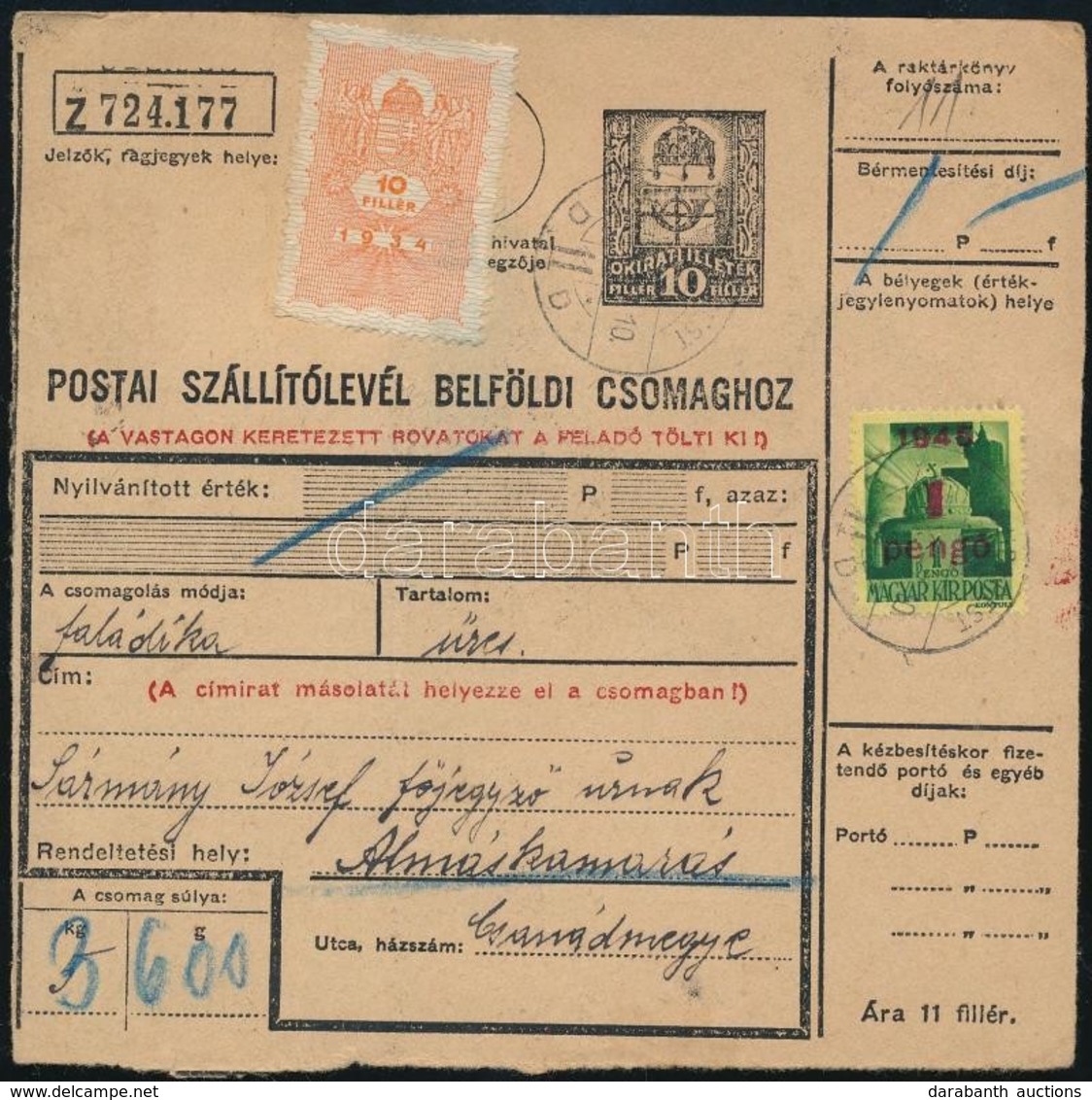 1945.09.07.  (2. Díjszabás)  Csomagszállító Levél 5kg, Postaszemélyzeti Kedvezmény Miatt 18P Helyett 1P  Bérmentesítés,  - Otros & Sin Clasificación