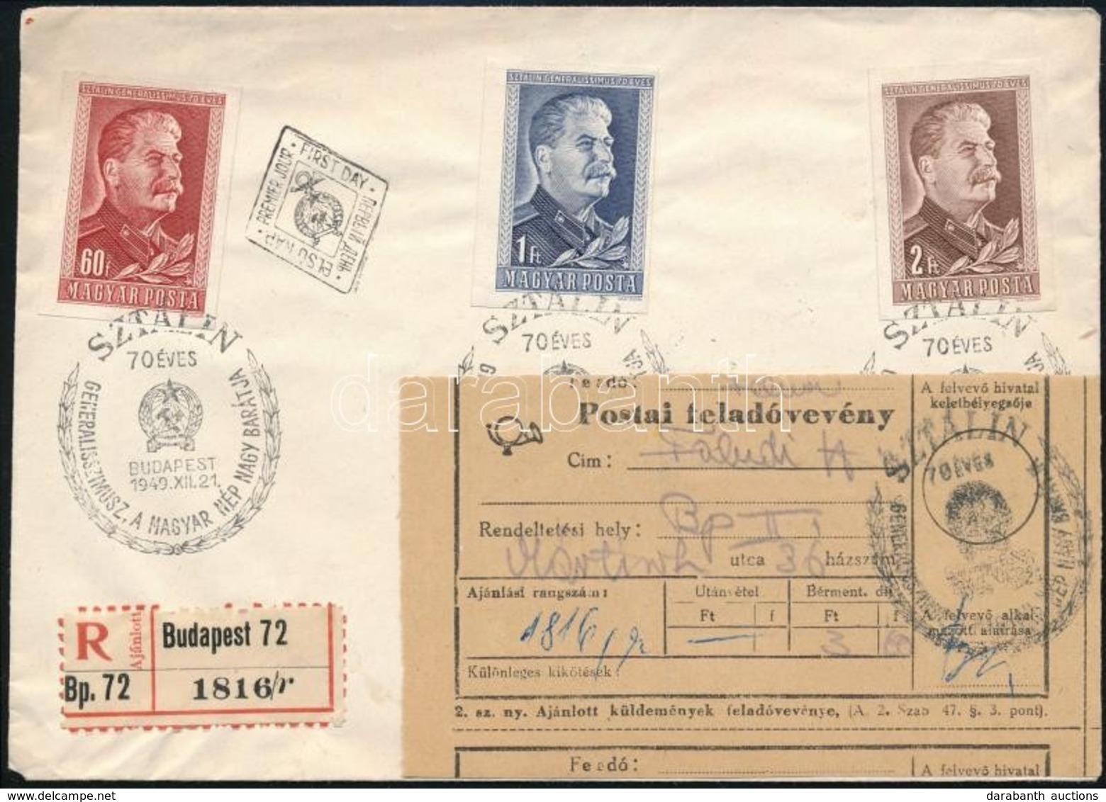 1949 Sztálin Vágott Sor Ajánlott FDC-n, Feladó Vevénnyel - Otros & Sin Clasificación