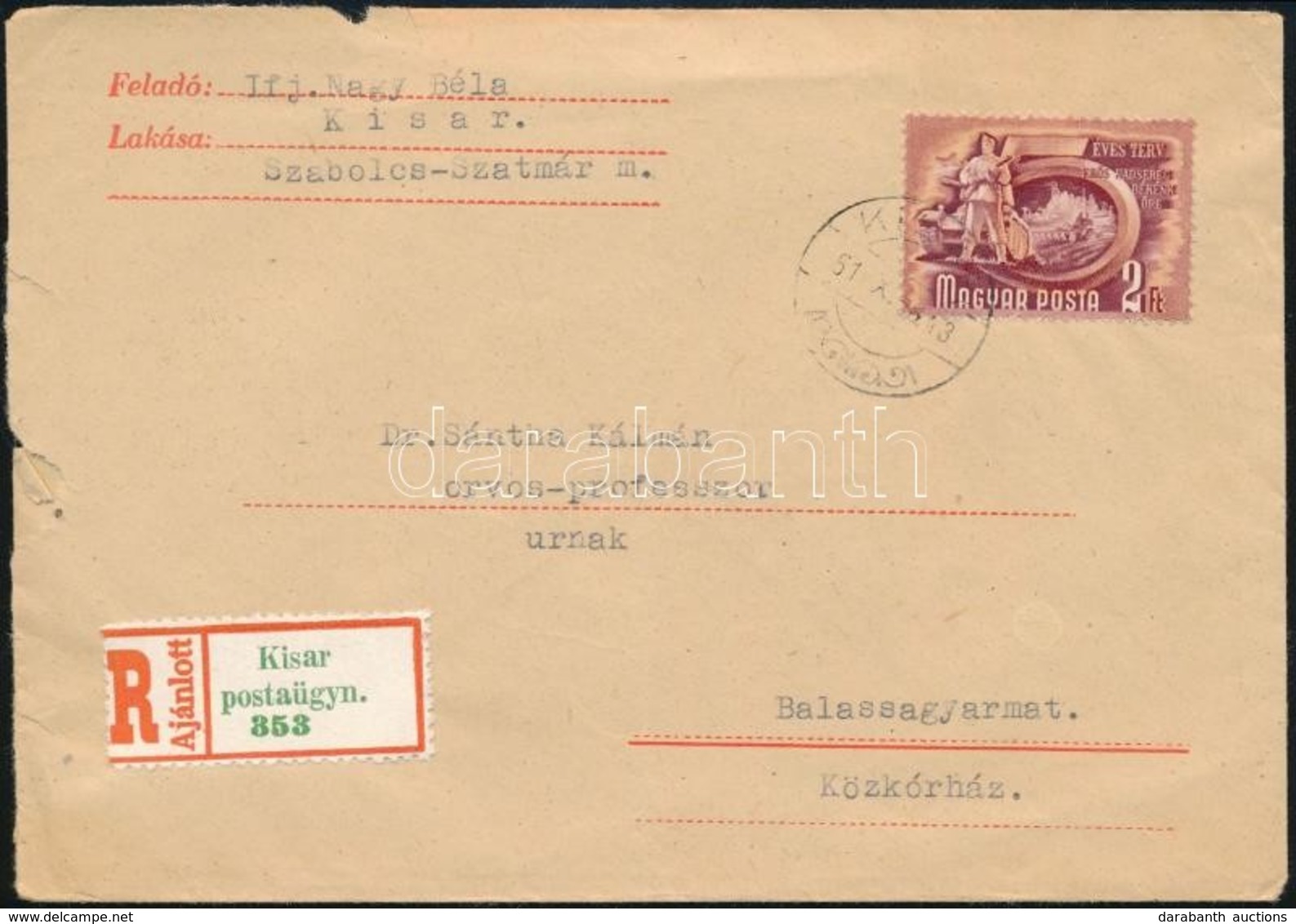 1951 Ajánlott Levél KISAR Postaügynökségi Ragjeggyel - Otros & Sin Clasificación