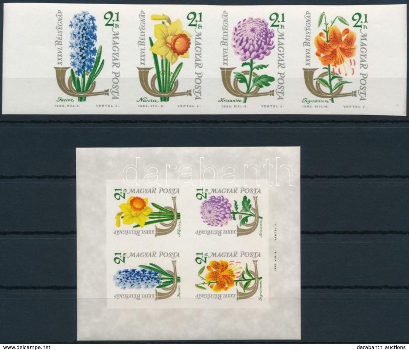 ** 1963 Bélyegnap Vágott Négyescsík + Vágott Blokk / Mi 1967-1970 Imperforate Stripe Of 4 + Mi 39 Block - Otros & Sin Clasificación