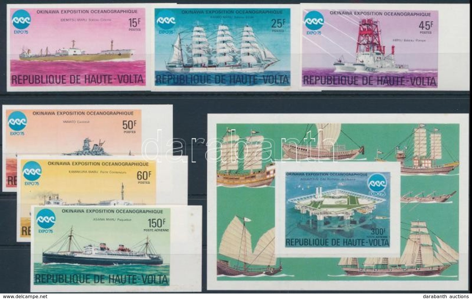 ** 1975 EXPO '75 Okinawa ívszéli Vágott Sor + Blokk,
EXPO '75 Okinawa Margin Imperforated Set + Block
Mi 593-599 + 38 - Otros & Sin Clasificación