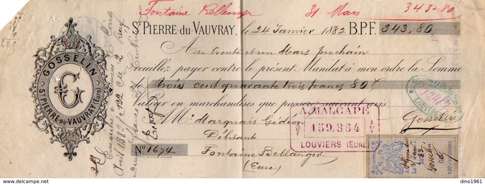 VP16.497 - Lettre De Change - GOSSELIN à SAINT - PIERRE - DU - VAUVRAY - Lettres De Change