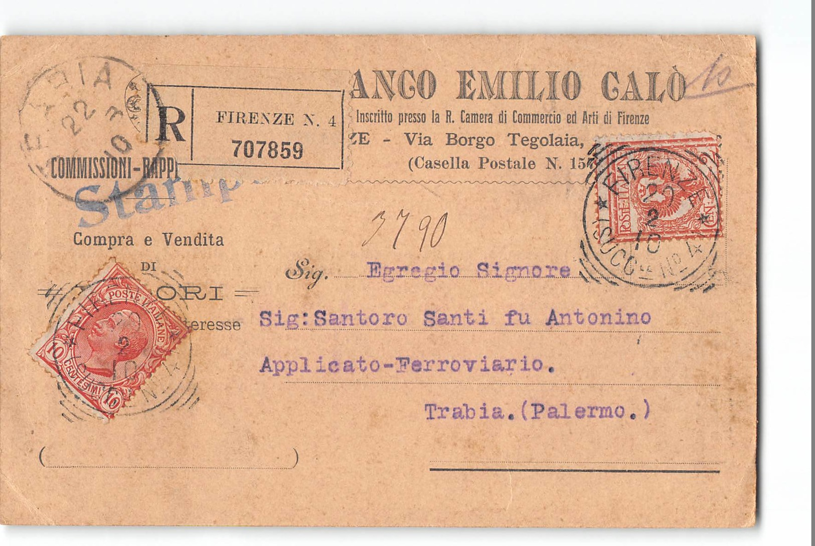 17731 BANCO EMILIO CALO FIRENZE X TRABIA - Storia Postale