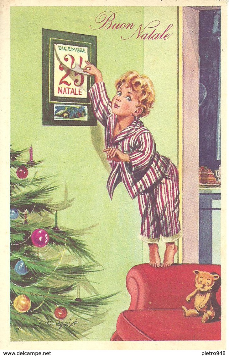 Cartolina "Buon Natale", Ragazzina Aspetta Con Ansia Il Natale, Illustrazione, C. Parisi Illustratore - Altri & Non Classificati