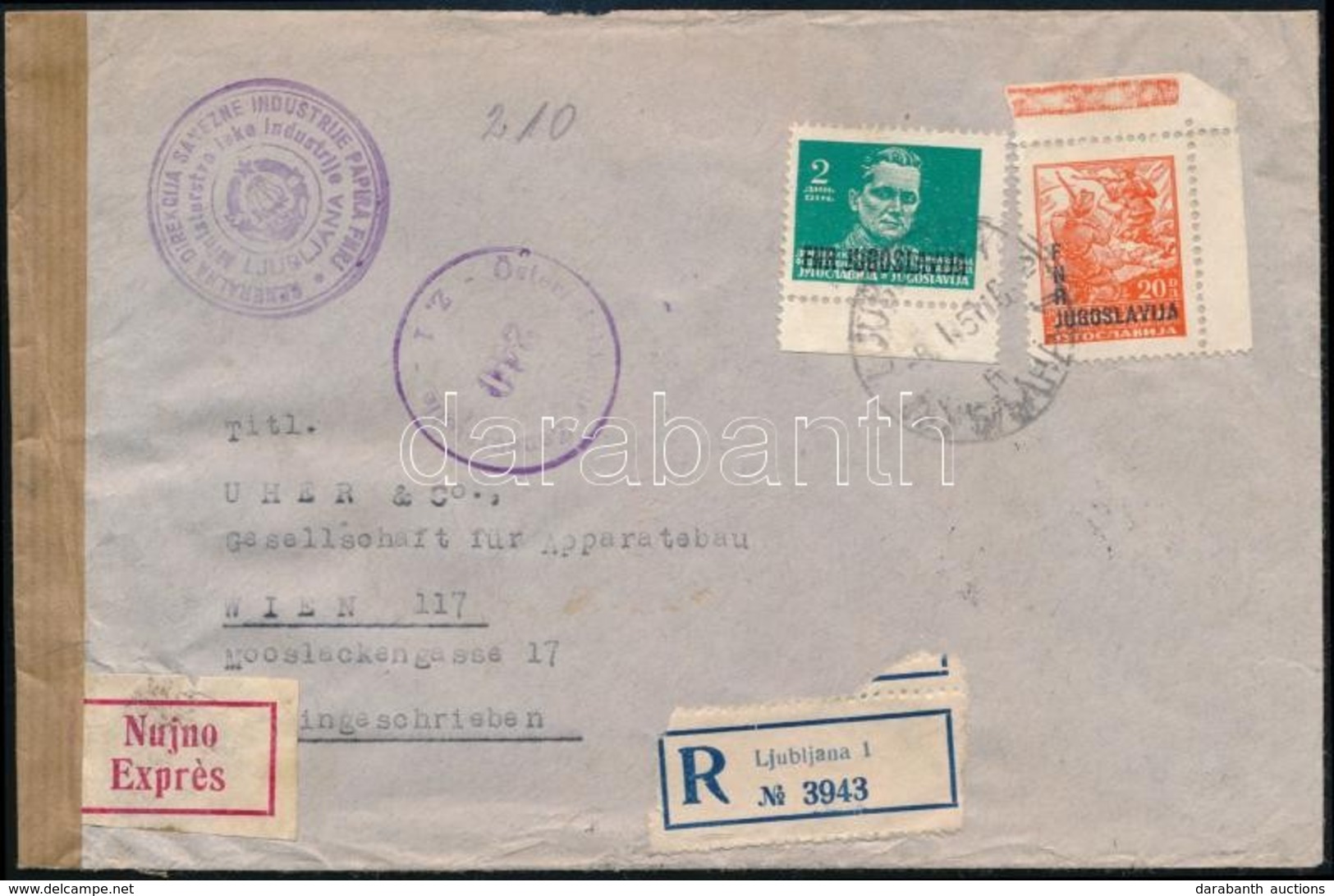 1951 Expressz Ajánlott Levél, Cenzúrázva, Papíripar 'LJUBLJANA' - 'WIEN' - Sonstige & Ohne Zuordnung