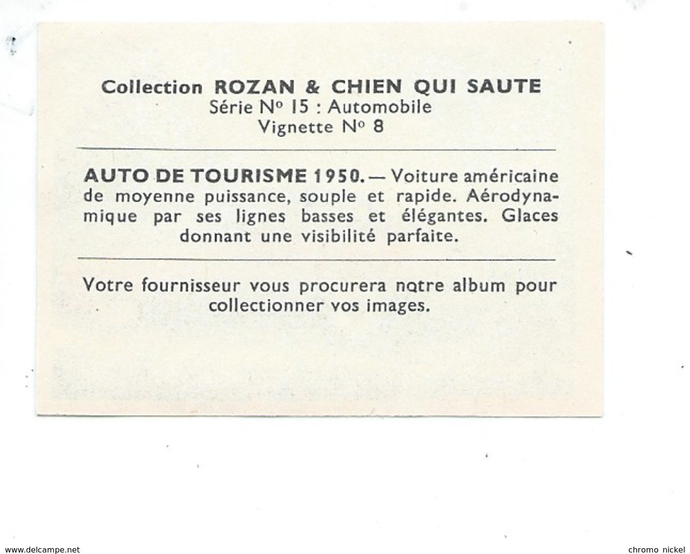 Chromo Auto De Tourisme 1950 Automobile Didactique Au Dos TB Pub: Rozan 65 X 45 Mm 2 Scans - Autres & Non Classés