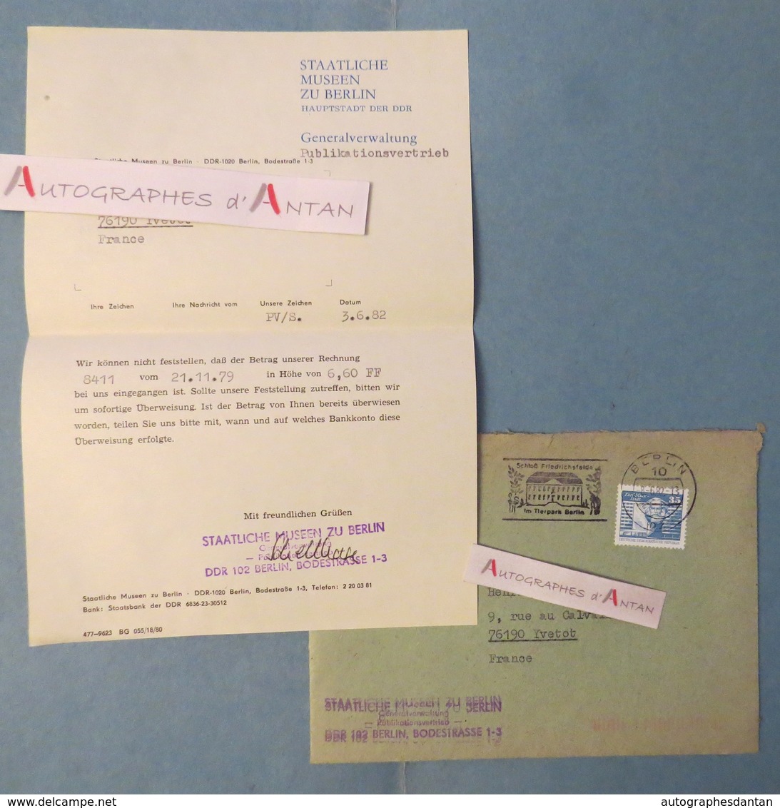Lettre 1982 STAATLICHE MUSEEN ZU BERLIN - Allemagne - DDR - > Yvetot - Enveloppe + Cachet - 1950 - ...