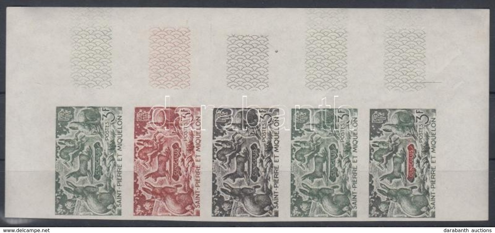 ** 1964 Állatok Mi 408 5 Klf Fogazatlan Színpróba ívsarki ötöscsíkban / Stripe Of 5 Different Imperforate Coulor Proofs - Sonstige & Ohne Zuordnung