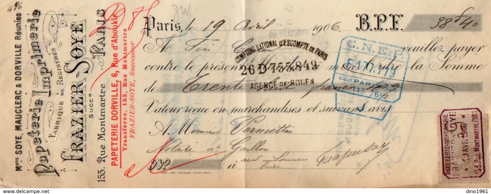 VP16.498 - Lettre De Change - Papeterie Imprimerie FRAZIER - SOYE à PARIS - Bills Of Exchange